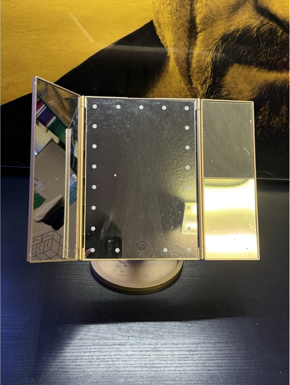 Gold Tri-Fold LED Lighted Makeup Vanity Mirror Magnifying Base Tested Preowned